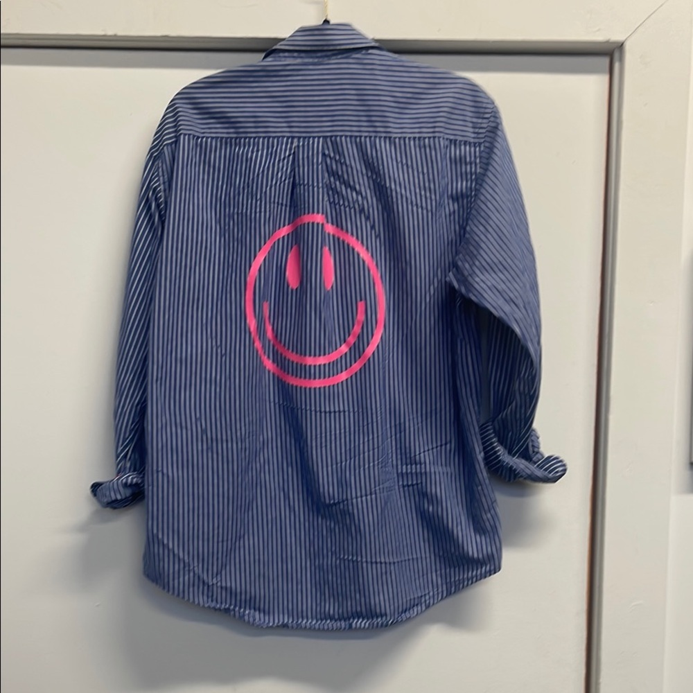 Original Blue Striped Shirt with Pink Smiley mens medium
